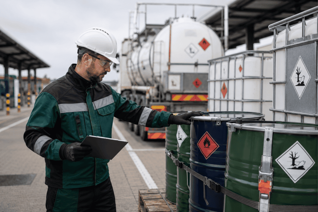 Consejero de seguridad ADR revisando contenedores de residuos peligrosos antes de su transporte