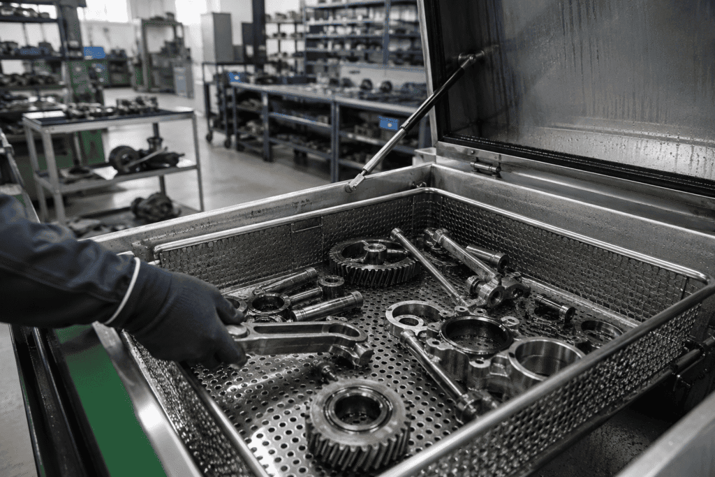 Lavadora de piezas industriales limpiando componentes metálicos en una zona de mantenimiento